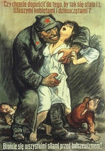 Gwałty na Polkach popełnione przez Armię Czerwoną.Polskojęzyczny plakat propagandowy Willibalda Kraina, którego celem było zachęcenie Polaków do walki z Armią Czerwoną